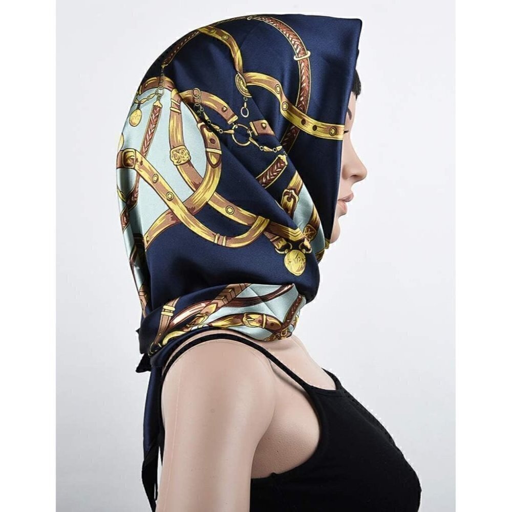 Corciova Square Stain Silk Like Hair Wrapping Scarves Night Head Scarf- 111 Navy - Picture 2 of 8